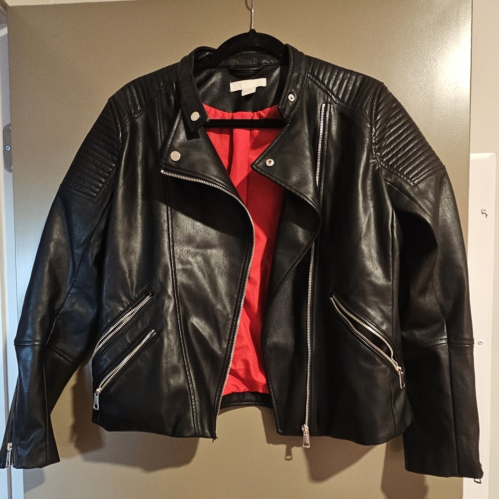 H&M Black Faux Leather Jacket with Red Interior